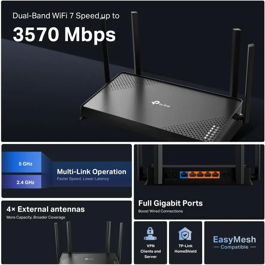 Compre o TP-Link Archer BE220 WiFi 7, 3,6 Gbps, Banda Dupla, 1 x 1 G WAN + 4 x 1 G LAN, 4 Antenas, EasyMesh, HomeShield Rede Rápida em 2025