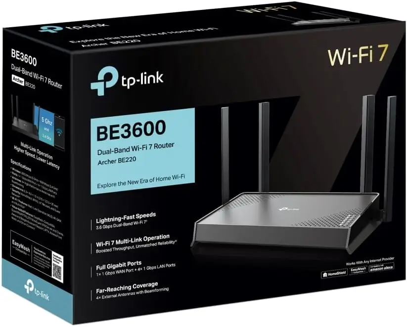 Compre o TP-Link Archer BE220 WiFi 7, 3,6 Gbps, Banda Dupla, 1 x 1 G WAN + 4 x 1 G LAN, 4 Antenas, EasyMesh, HomeShield Rede Rápida em 2025