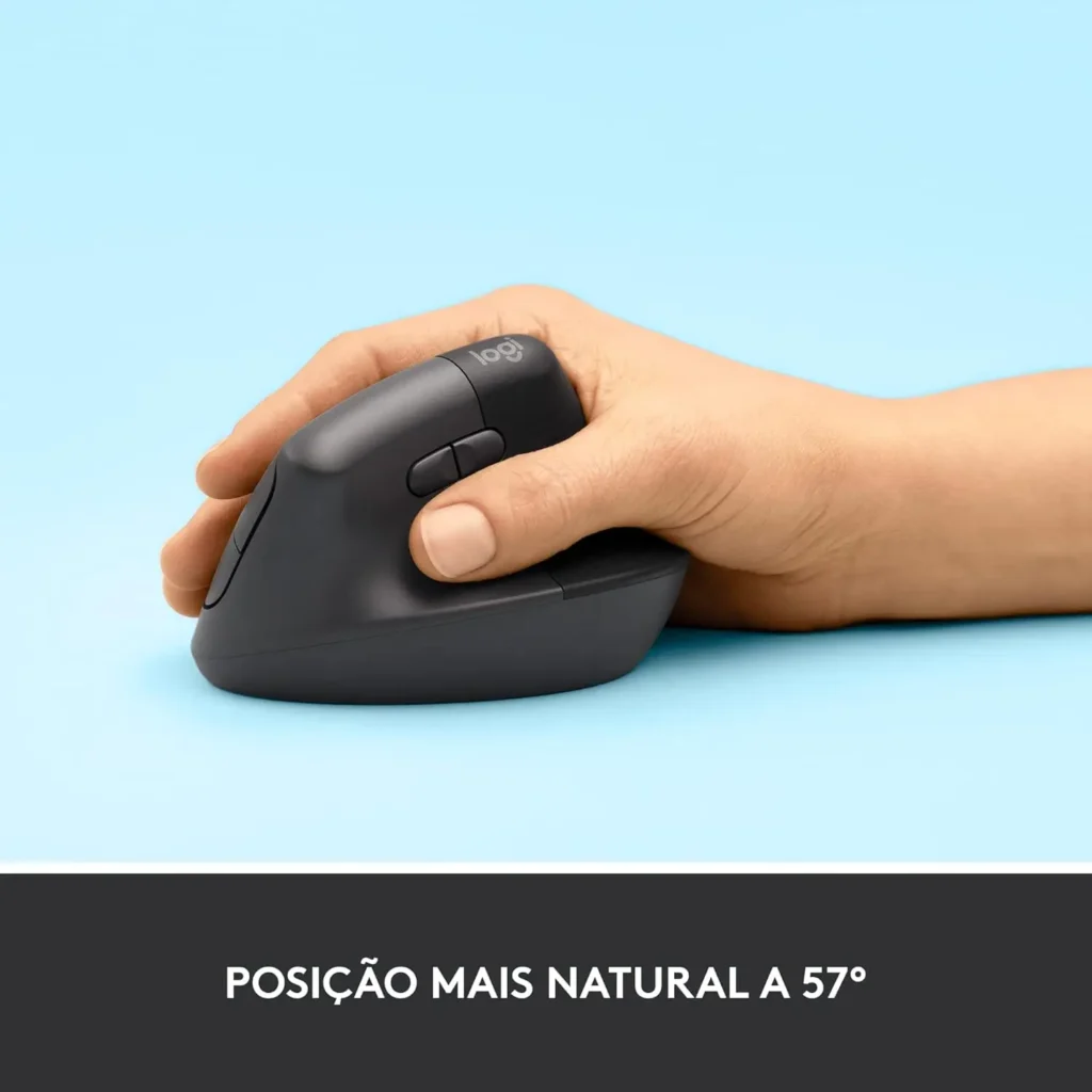 Mouse Sem Fio Logitech Lift Vertical com Design Ergonômico para Redução de Tensão Muscular, Cliques Silenciosos, Conexão Bluetooth ou USB Logi Bolt, Compatível com Windows/macOS/iPadOS