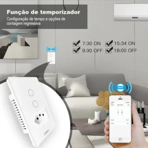 Interruptor Inteligente WiFi com Tomada, Interruptor Smart Sem Fio Doméstico Multifuncional