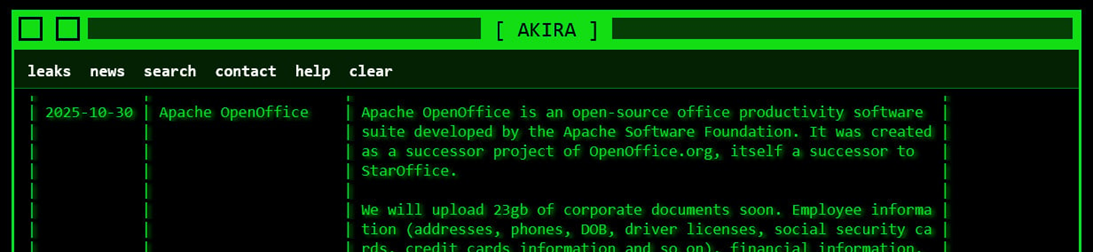 Apache OpenOffice contesta suposto roubo de 23 GB de dados pelo grupo Akira - Imagem do artigo original