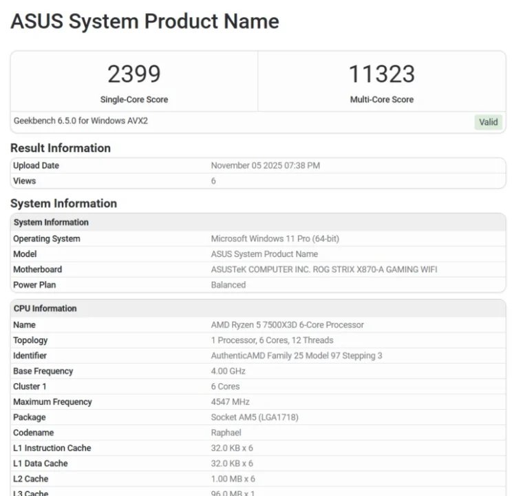 Ryzen 5 7500X3D surge no Geekbench com clock base de 4 GHz - Imagem do artigo original